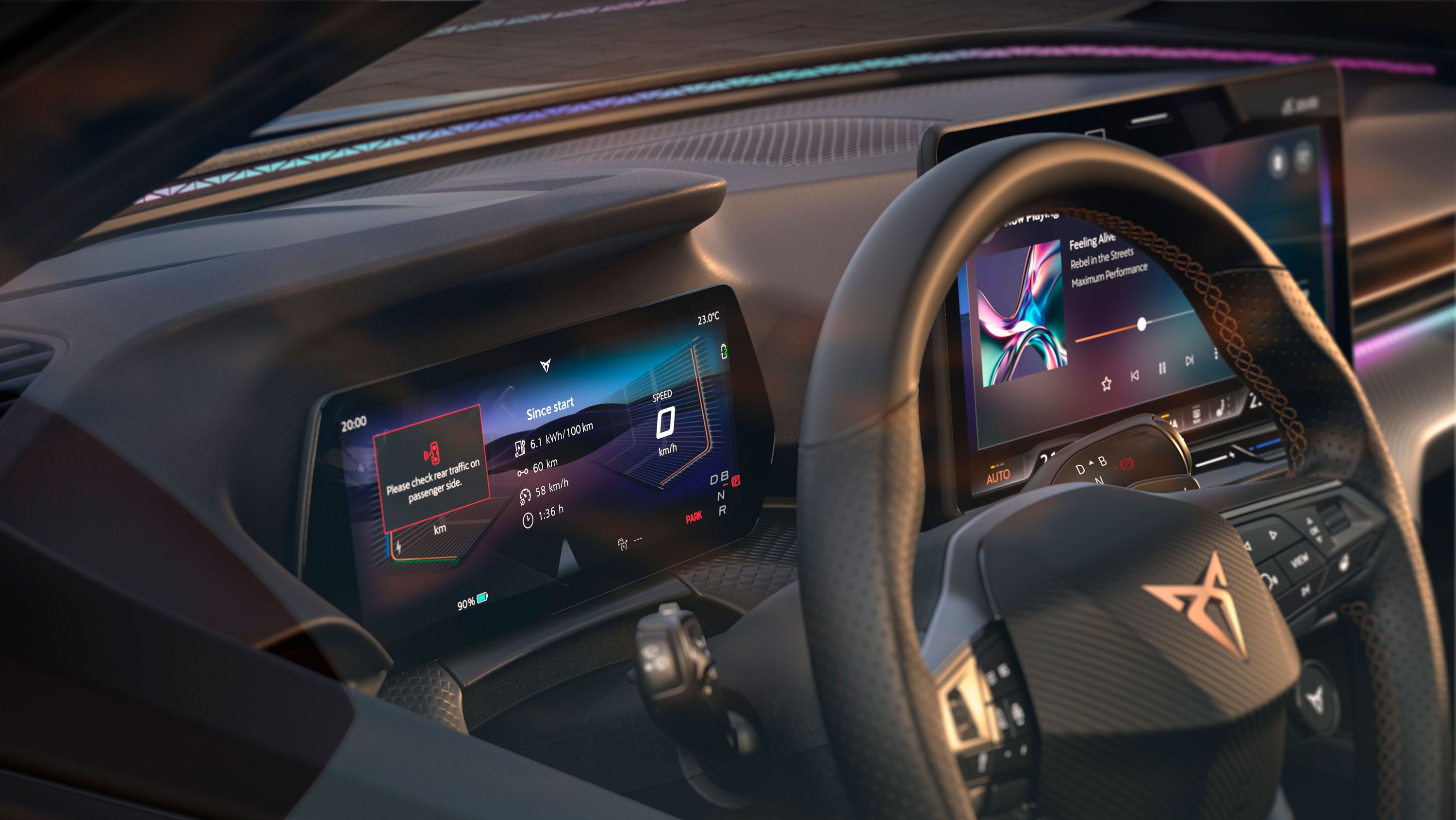 Innenansicht des CUPRA Raval VZ mit digitalem Cockpit und der Emergency Assist-Funktion.