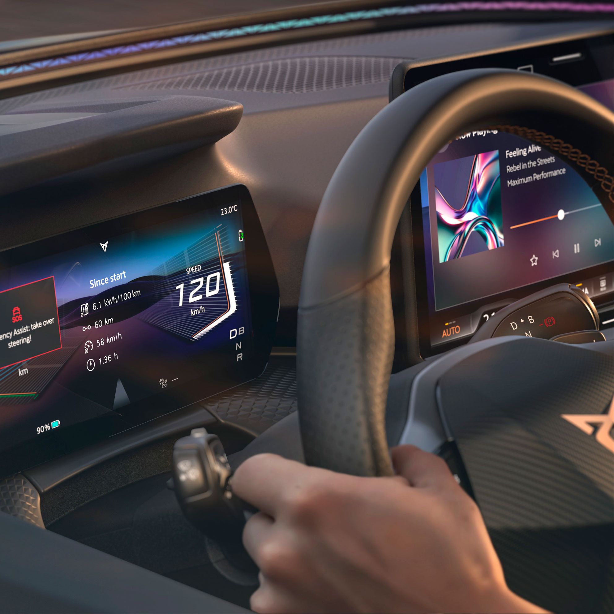 : Innenansicht des CUPRA Raval VZ mit digitalem Cockpit und der Emergency Assist-Funktion.